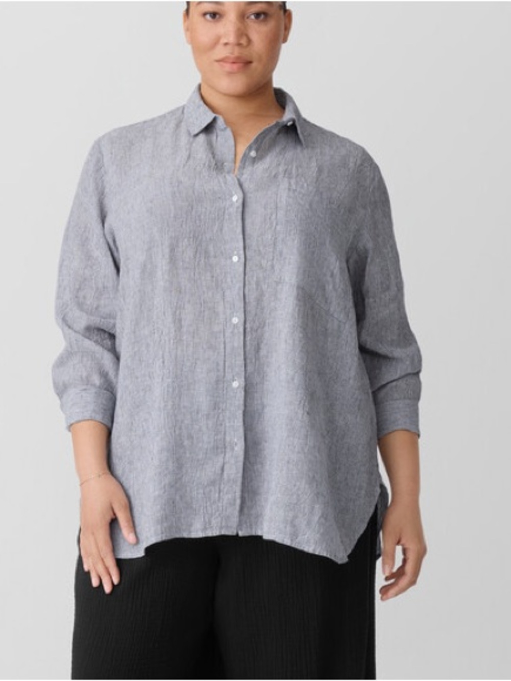 Eileen Fisher Light Gray Button-Down Linen Shirt